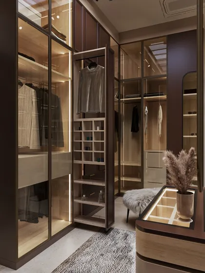 This view highlights the clever storage solutions, including a pull-out unit, seamlessly integrated into the luxurious design.