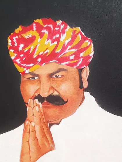 A 20x30 inch commissioned acrylic painting. This portrait captures a traditional look with a vibrant Rajasthani turban against a solid black background, making the subject stand out. I work with you to create portraits that have personal meaning.