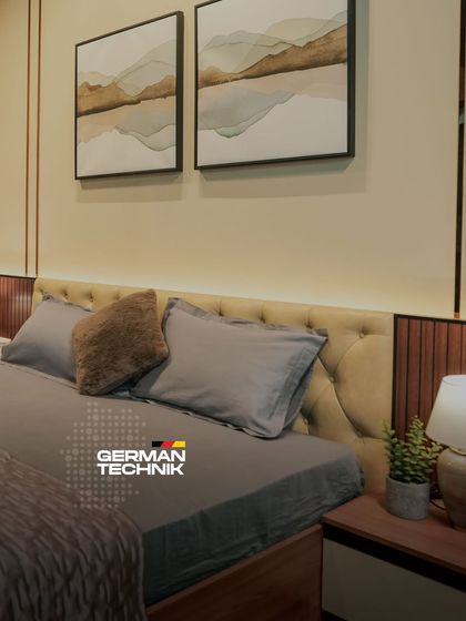 My interiors are powered by German Technik, ensuring precision, durability, and quality in every detail. This bedroom design reflects a space that is both beautiful and built to last.