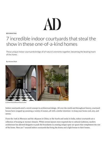 Our Sampurna Residence was featured in Architectural Digest for its incredible indoor courtyard, a key element that brings light, air, and nature into the heart of the apartment.