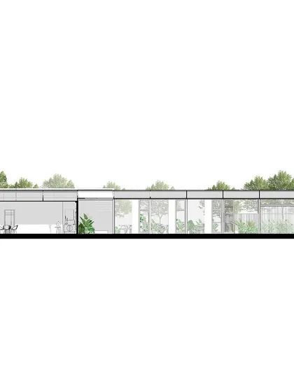 A sectional drawing of the Soul Spring experience center. This technical illustration reveals the building's structure and its relationship with the surrounding landscape, showing how we integrate trees and greenery at every level.