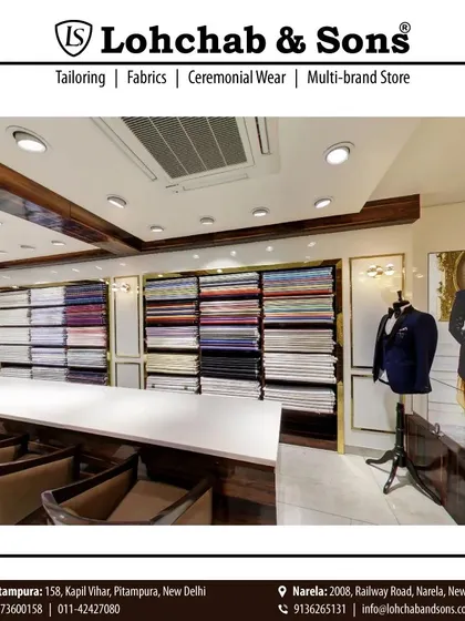This view of our fabric counter and consultation space shows where we blend tradition and modernity. On display is a mannequin dressed in our ceremonial wear, showcasing the breadth of our offerings.