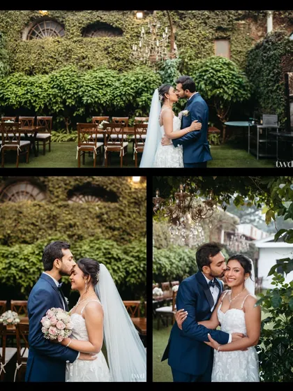 A collage of tender moments from a beautiful garden wedding ceremony. These portraits capture the kisses, smiles, and loving glances shared by the couple amidst the lush greenery and elegant decor of their special day.