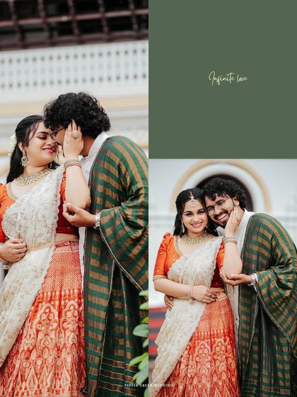 A romantic collage of the engaged couple, capturing their infinite love through tender glances and happy smiles.