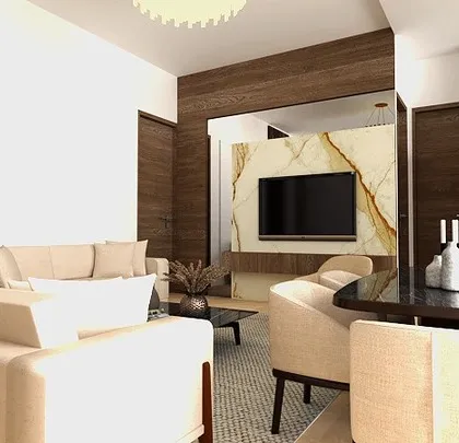 A 3D visualization of a living and dining space with rich, dark marble and wood paneling. This design creates a moody and luxurious atmosphere, perfect for a high-end apartment.