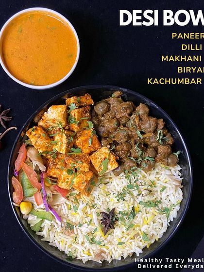 For my vegetarian friends, this Desi Bowl with Paneer Tikka in a creamy Makhani Gravy is pure comfort. It's served with Dilli Chole, Biryani Rice, and a fresh Kachumbar Salad.
