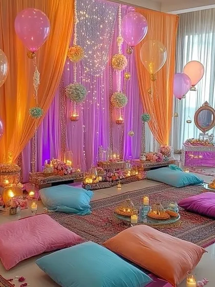 An indoor Mehendi setup designed for a cozy, intimate feel, using layers of orange and purple drapes, fairy lights, and colorful floor cushions for guest seating.