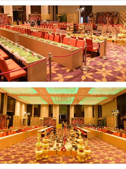 An overview of the dining setup for the traditional Sadya lunch. The long rows of seating and the meticulous arrangement ensure an authentic and communal dining experience for all guests.