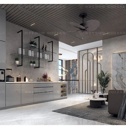 This angle reveals a sleek, minimalist pantry and bar area integrated into the lobby, showcasing how I blend functionality with high-end design.