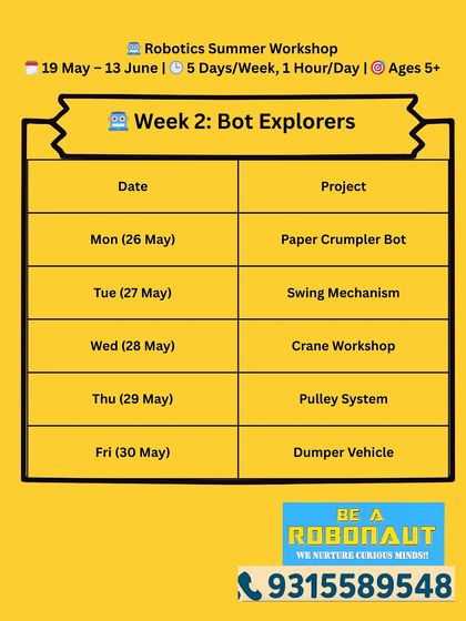 Week 2 of our Robotics Summer Workshop for ages 5+ is Bot Explorers week. Kids will build paper crumplers, swing mechanisms, and cranes.