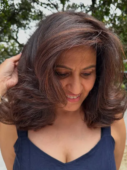 Holiday ready in 'Chocolate Truffle'. This set shows the transformation from grown-out color to a rich, dark chocolate brown. I also included a shot showing how the color settles beautifully after 10 days.
