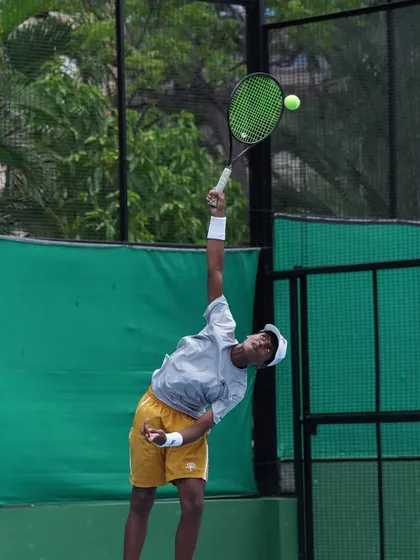 A powerful serve is a weapon. Here, we see the technique and explosive movement we develop in our players, like Rishikesh Mane, during an advanced on-court training session focused on match-winning strokes.