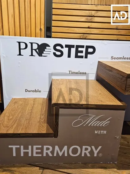 A close-up of the 'Pre-Step' wooden staircase solution I offer. It's a durable, timeless, and seamless system that elevates the look of any staircase.