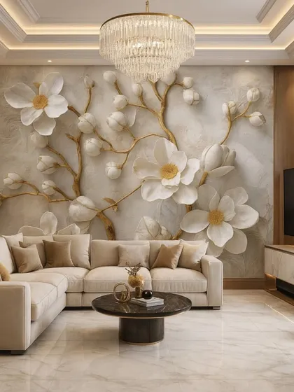 An elegant living room featuring a 5D wallpaper with white flowers on golden branches. The design adds a touch of nature-inspired luxury and sophistication.