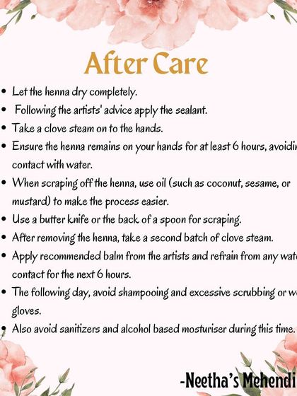 Aftercare is the most important step for getting a dark, beautiful stain from organic henna. Follow these tips, especially avoiding water for the first 12 hours, to get the best results.