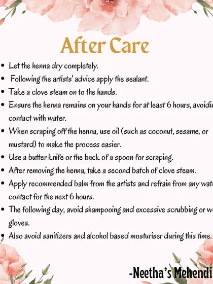 Aftercare is the most important step for getting a dark, beautiful stain from organic henna. Follow these tips, especially avoiding water for the first 12 hours, to get the best results.