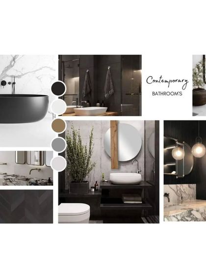 This mood board for a contemporary bathroom features clean lines, a freestanding tub, and a mix of marble and dark wood for a sleek, spa-like retreat.