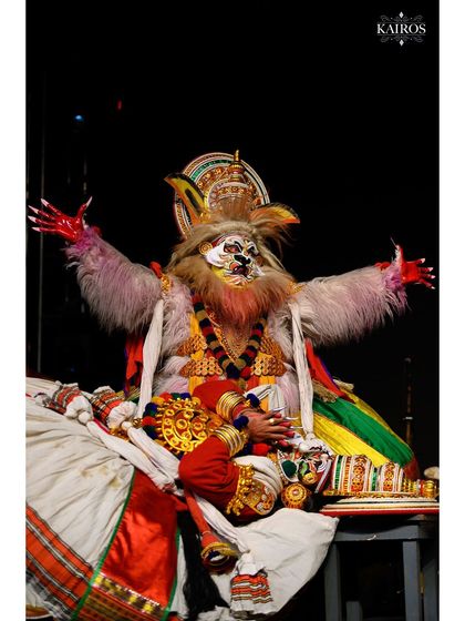 The dramatic climax of a story, as the character of Narasimha is depicted in a powerful and theatrical pose.