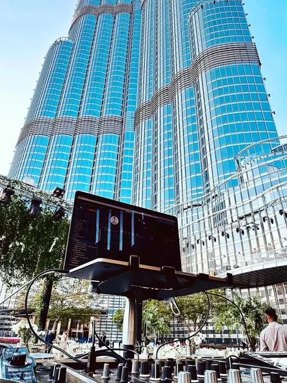 My office for the day, DJing with the Burj Khalifa in the background. A Christmas event in Dubai is always a vibe.