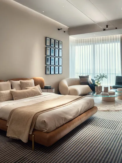 The depth in elegance is evident in this Palais Royale bedroom, where understated materials draw focus to the geometry of the space. Natural light highlights the room, shifting throughout the day, creating a carefully composed experience that feels like home.