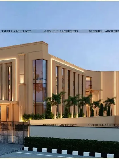 A wider perspective of the commercial complex, showing how the design language extends across the entire structure. The building incorporates terraced outdoor spaces, adding a functional and aesthetic element for patrons.