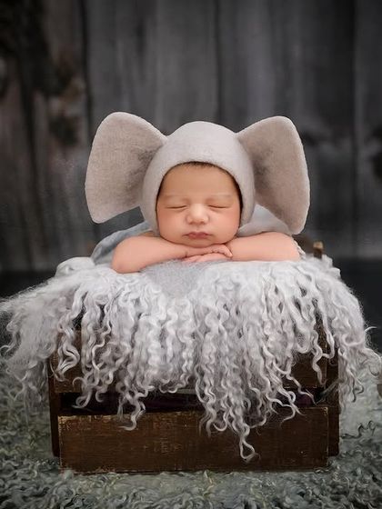 This newborn wears a cute elephant hat with big ears, sleeping in a crate lined with a shaggy grey blanket and surrounded by mushroom props.