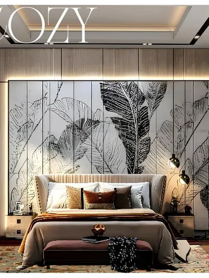 A cozy bedroom design concept. The focal point is a large, artistic mural behind the bed, complemented by layered textiles and warm, indirect lighting to create a comfortable and stylish retreat.