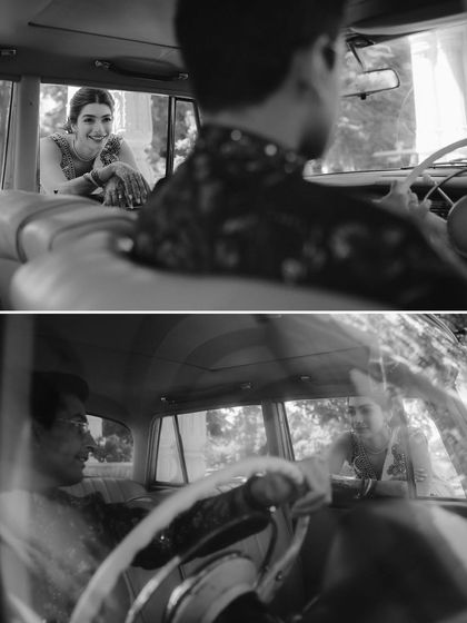 A black and white collage capturing intimate, cinematic moments inside a vintage car in Rajasthan. These shots feel like stills from a classic romantic film.