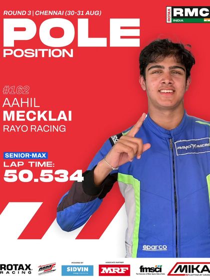 Aahil Mecklai of Rayo Racing, celebrating pole position in the Senior Max class with a fastest lap of 50.534.