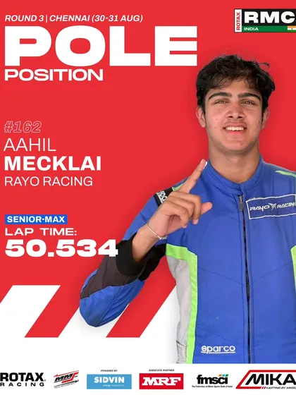 Aahil Mecklai of Rayo Racing, celebrating pole position in the Senior Max class with a fastest lap of 50.534.