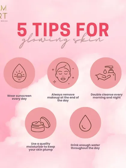 My top 5 tips for glowing skin. Wear sunscreen, always remove your makeup, double cleanse, use a quality moisturizer, and drink enough water. Healthy skin is the best canvas.
