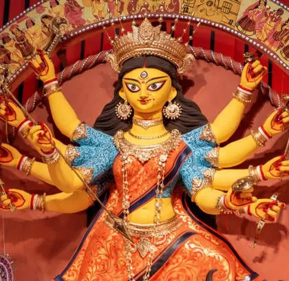 Ma Durga Devi is the divine mother and protector. Riding a lion, she embodies strength, courage, and the triumph of good over evil, offering empowerment and grace to her devotees.