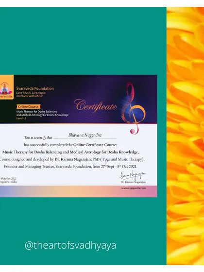 I integrate Indian music therapy into my practice, a skill I honed through specialized training. This certificate represents one part of that journey, showcasing a unique method I use for balancing the mind and body, and facilitating a deeper healing process.