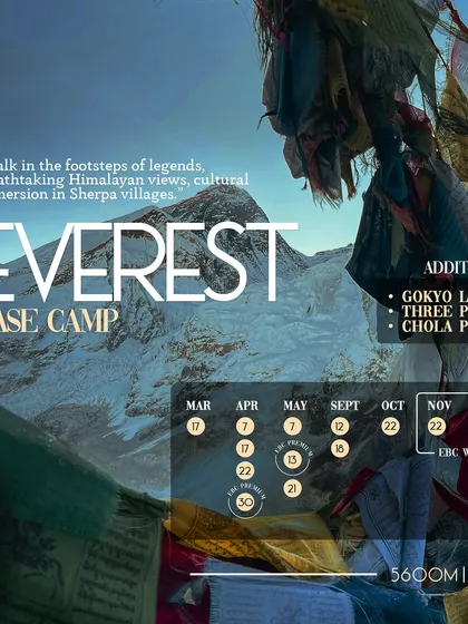 The iconic Everest Base Camp, with prayer flags carrying wishes into the wind. This is a pilgrimage for adventurers, a journey to the foot of the world's tallest mountain that we guide with expert care and preparation.