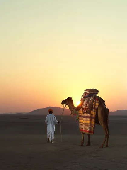 This shot is from my 'Vikreta' (The Seller) project, a personal exploration of artisans. It demonstrates our ability to execute large-scale location shoots that blend commercial products, in this case, the textiles on the camel, with epic, narrative-driven visuals.