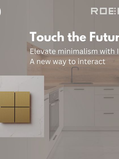 The Roehn ION keypad in a minimalist kitchen setting. Its gesture-based control and clean lines represent a new, futuristic way to interact with your home.