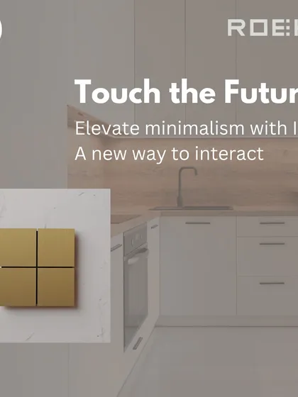 The Roehn ION keypad in a minimalist kitchen setting. Its gesture-based control and clean lines represent a new, futuristic way to interact with your home.