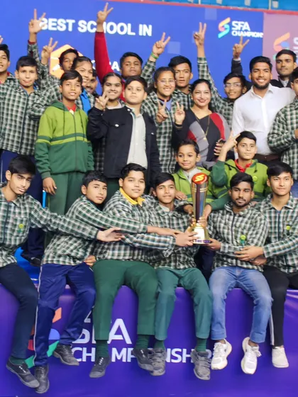 The entire contingent celebrating our 'Best School in Kabaddi' award at the SFA Championships.