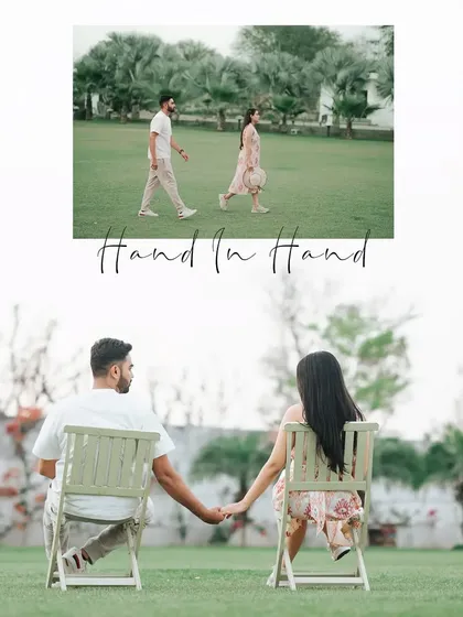 A diptych with a "Hand in Hand" theme, showing the couple walking together and sitting holding hands.