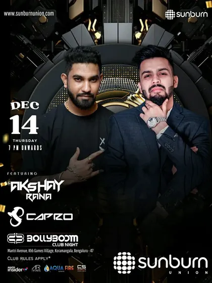 The official poster for my Bollyboom Club Night at Sunburn Union alongside DJ Akshay Rana.