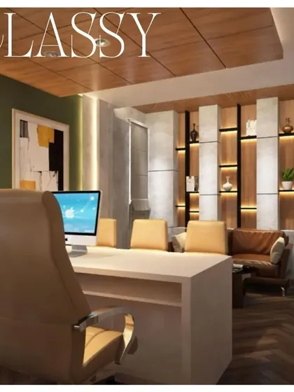 A classy and elegant office interior featuring a mix of wood textures on the ceiling and floor. The design includes a well-lit workstation and a comfortable seating area, perfect for a modern executive.