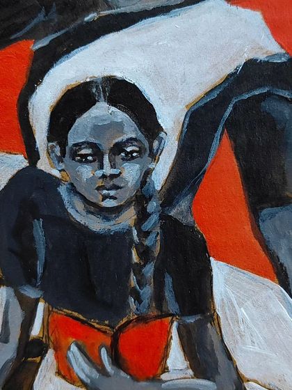 A close up on the child in the painting. Her direct gaze and the book in her hands signify the power of knowledge and the importance of nurturing a critical mind from a young age.
