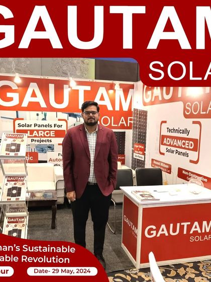 Our representative at our booth in Jaipur, ready to discuss our technically advanced solar panels for large-scale projects in Rajasthan.