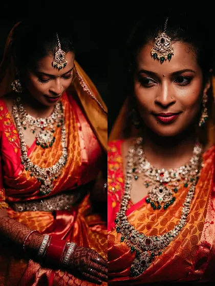 A collage of a bride's portraits, showcasing her radiant beauty and the intricate details of her wedding attire.