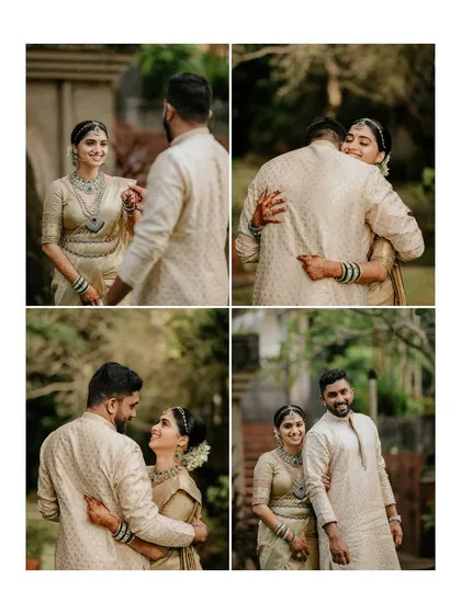 A collage of candid moments showing the couple's first look, filled with smiles, hugs, and loving glances. This is the story of their excitement and joy.