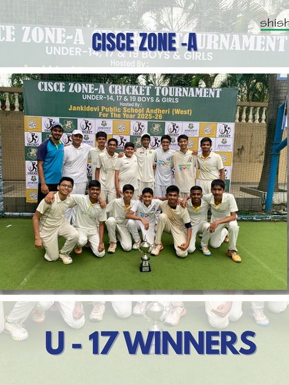 The victorious U-17 Winners of the CISCE Zone-A Cricket Tournament. This win is a result of our dedicated coaching partnership with Shishuvan School.