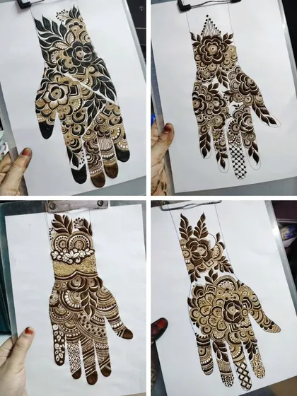 This collection of four designs highlights different approaches to bridal henna. Notice the mix of dark, bold work and delicate, intricate patterns.