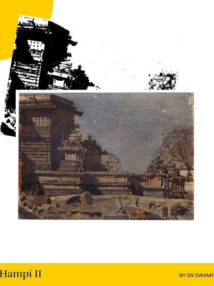 'Hampi II' by SN Swamy offers another perspective on the historic ruins, rendered with the subtle grace characteristic of Mysore court painters.
