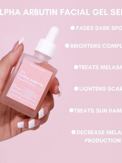 This graphic breaks down the benefits of my 2% Alpha Arbutin Facial Gel Serum. It's your go-to solution for fading dark spots, brightening your complexion, and treating sun damage.