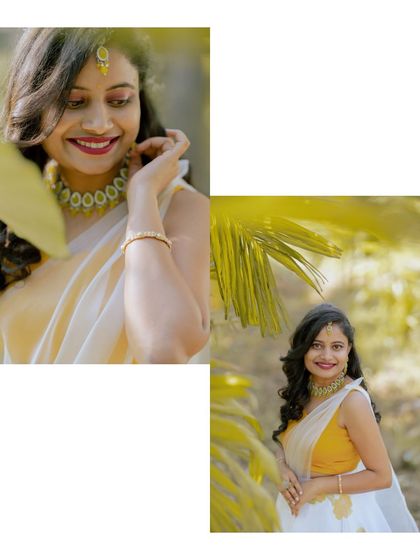 A collage of a bride's Haldi portraits, capturing her joyful expressions and beautiful floral jewelry.